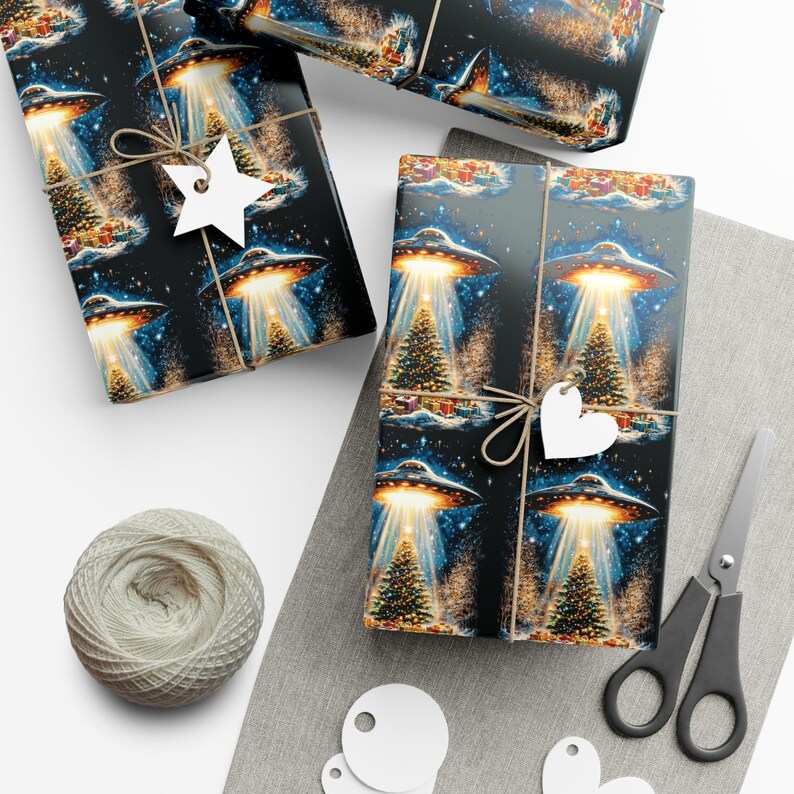 UFO Abducting Christmas Presents Wrapping Paper Holiday White Elephant Gift Wrap UFO Lover Alien Space Lover Sci-fi Paranormal Gift image 7