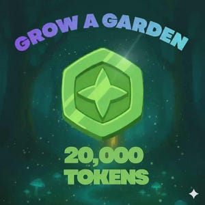 May include: A hexagonal green token featuring a four-pointed star design in the center. The text GROW A GARDEN is arched above the token, and the text 20,000 TOKENS is displayed in bold green letters below the token against a dark forest background.