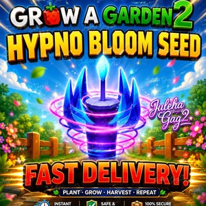 May include: A digital graphic for Grow A Garden 2 featuring the text Hypno Bloom Seed. A central dark purple cylindrical object with blue crystal-like spikes is surrounded by glowing pink rings. The background shows a garden path with flowers.