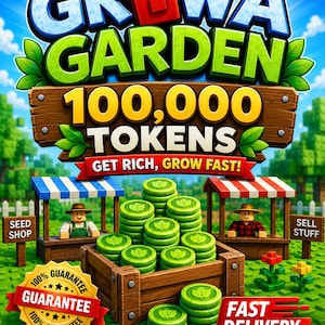 May include: A digital game advertisement for Growa Garden featuring a wooden crate filled with green leaf-stamped tokens. The text reads 100,000 TOKENS, GET RICH, GROW FAST, 100% GUARANTEE, FAST DELIVERY, SAFE & SECURE, INSTANT DELIVERY, and BEST PRICE.