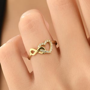 14K Solid Gold Infinity Heart Ring: Dainty Gemstone Band