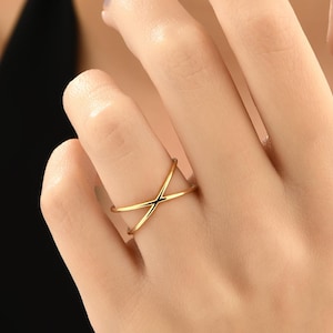 Solid Gold Criss Cross Ring, Crossed Ring, Double Band Ring, Gold Rings for Women, Plain X Ring, Everyday Ring, Christmas Gift, Gift for Mom
