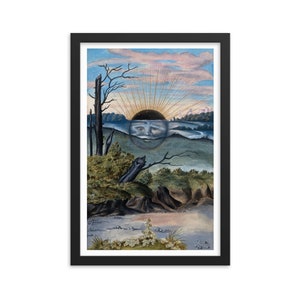 Peut inclure: Une peinture à l'aquarelle représentant un soleil avec un visage humain au centre de l'image. Le soleil est entouré de rayons de lumière et se détache sur un fond de paysage avec des arbres, des collines et une rivière. Le ciel est d'un rose et d'un bleu doux.