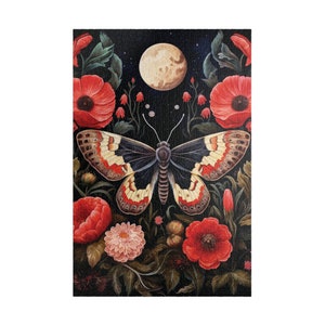 Dusky Moth with Red Flowers Jigsaw Puzzle, Gothic Dark Academia 500 Piece Puzzle, Witchy Cottagecore 1000 Piece Puzzle Gift for Adults, Fall image 4