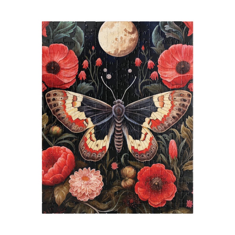 Dusky Moth with Red Flowers Jigsaw Puzzle, Gothic Dark Academia 500 Piece Puzzle, Witchy Cottagecore 1000 Piece Puzzle Gift for Adults, Fall image 9