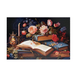Romance Books and Roses Jigsaw Puzzle, Beautiful Floral Puzzle for Adults, 1000 Piece Art Puzzle, 500 Piece Puzzle, Gift for Her, Reader