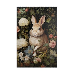 White Rabbit with Flowers Jigsaw Puzzle, Nature Cottagecore 1000 Piece Puzzle for Adults, 500 Piece Puzzle Gift for Her, Art Picture Puzzle