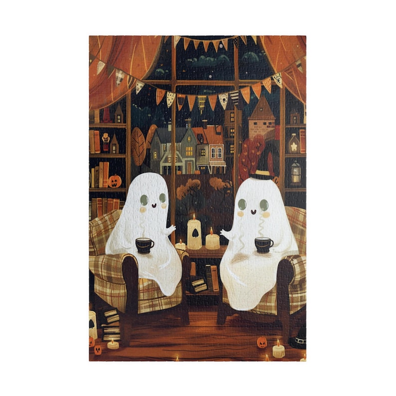 A puzzle with two ghosts sitting in chairs in front of a window