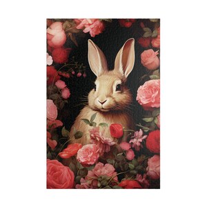 Love Bunny Jigsaw Puzzle, Rabbit & Flowers Puzzle, Valentine Puzzle Gift Idea for Her Roses Puzzle for Adults Cottagecore Puzzle for Family