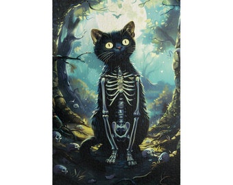 Black Skeleton Cat Puzzle Dark Academia Jigsaw Puzzle Gift for Her Witchy Puzzle for Adults Spooky 1000 Piece Puzzle Gothic 500 Piece Puzzle