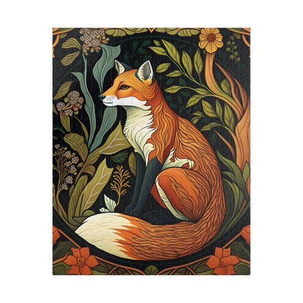 William Morris Inspired Fox with Leaves and Flowers, 500 Piece Jigsaw Puzzle, Difficult 1000 Piece Puzzle for Adults, Family Activity, Art