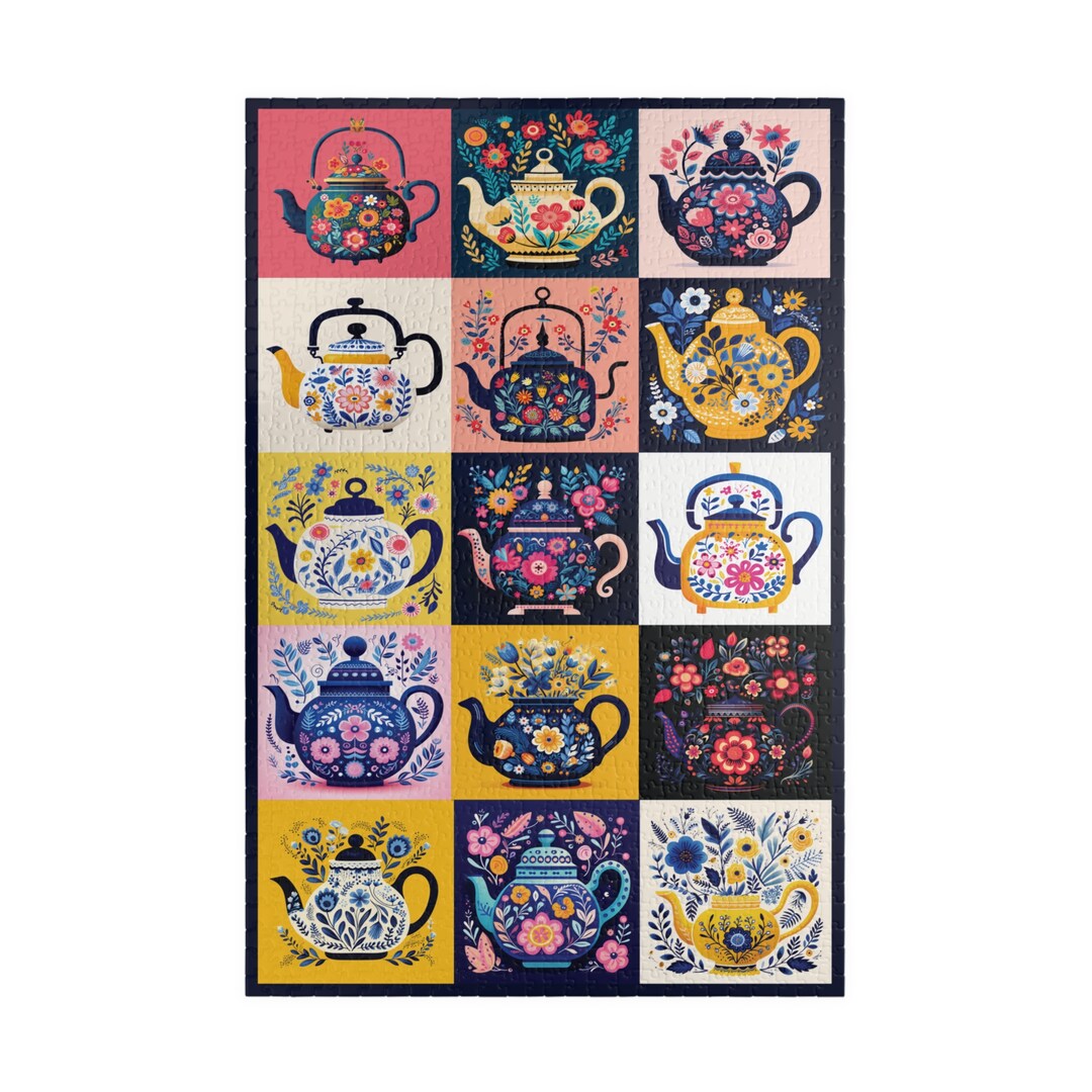 Bright Folk Art Teapots Jigsaw Puzzle, Tea Lover 1000 Piece Puzzle