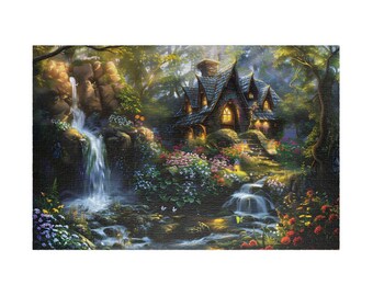 Waterfall Cottage Jigsaw Puzzle Landscape Puzzle for Adults Beautiful Puzzle Gift for Her Cottagecore Puzzle 500 Piece Puzzle 1000 Pieces
