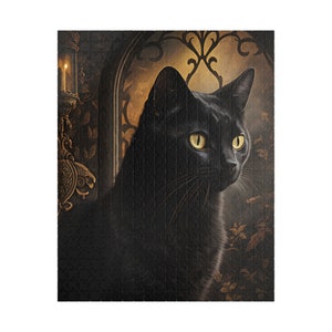 Black Cat, Witch's Familiar, Wiccan Cottagecore Fantasy Art Jigsaw Puzzle 500 Pieces, 1000 Piece Puzzle, Cat Lover Puzzle Gift for Halloween