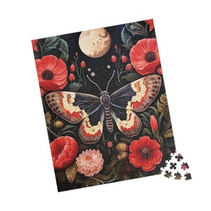 Dusky Moth with Red Flowers Jigsaw Puzzle, Gothic Dark Academia 500 Piece Puzzle, Witchy Cottagecore 1000 Piece Puzzle Gift for Adults, Fall image 2
