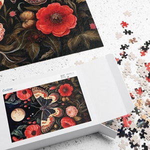 Dusky Moth with Red Flowers Jigsaw Puzzle, Gothic Dark Academia 500 Piece Puzzle, Witchy Cottagecore 1000 Piece Puzzle Gift for Adults, Fall image 6