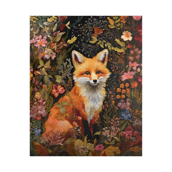 Beautiful Embroidered Fox with Wildflowers, Challenging Animal Jigsaw Puzzle for Adults, 500 Piece Puzzle Gift, 1000 Pieces, Family Activity