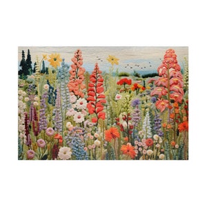 Wildflowers Embroidered Jigsaw Puzzle, Colorful Garden Puzzle for Adults Flower Puzzle Gift Idea for Her Cottagecore Puzzle Spring Landscape