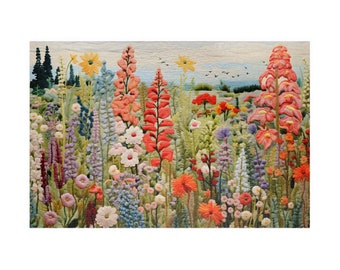 Wildflowers Embroidered Jigsaw Puzzle, Colorful Garden Puzzle for Adults Flower Puzzle Gift Idea for Her Cottagecore Puzzle Spring Landscape