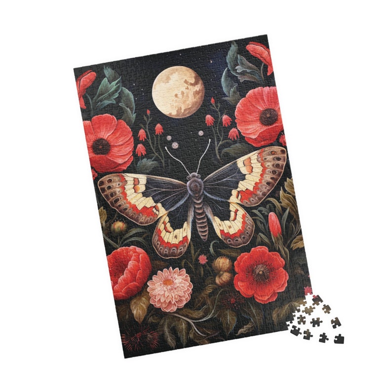 Dusky Moth with Red Flowers Jigsaw Puzzle, Gothic Dark Academia 500 Piece Puzzle, Witchy Cottagecore 1000 Piece Puzzle Gift for Adults, Fall image 5