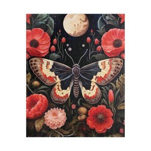 Dusky Moth with Red Flowers Jigsaw Puzzle, Gothic Dark Academia 500 Piece Puzzle, Witchy Cottagecore 1000 Piece Puzzle Gift for Adults, Fall image 1