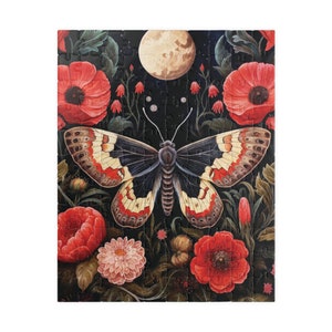 Dusky Moth with Red Flowers Jigsaw Puzzle, Gothic Dark Academia 500 Piece Puzzle, Witchy Cottagecore 1000 Piece Puzzle Gift for Adults, Fall image 8