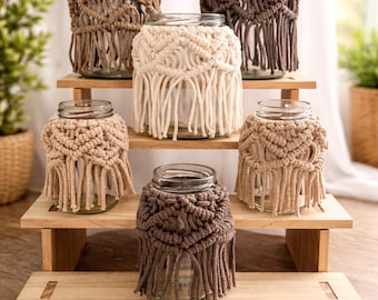 Makramee Windlicht Glas - Handgemachtes Boho-Glas mit Fransen | Bobini Garn | Deko im Boho-Stil | 3 Farben (Natural, Sand, Coffee)