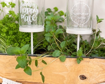 Boho Gartenstecker aus Glas – Windlicht für Beet & Balkon – Beige Gartendeko mit LED-Teelicht