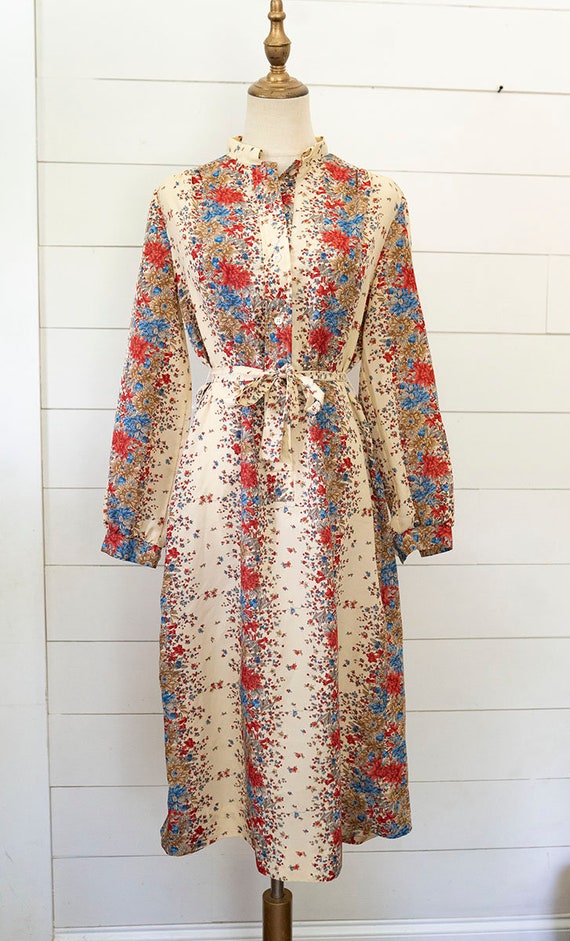 Vtg 70s Shirt Dress Sz 12 Floral Cottagecore Uniq… - image 1