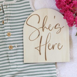 She&#39;s Here He&#39;s Here Engraved Wooden Sign, Reversible Gender Reveal It&#39;s a Girl, It&#39;s a Boy Newborn Photo Prop, Hospital Birth Announcement
