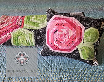 Edredón de rosas de retazos hecho a mano, tamaño Lapghan, con almohada decorativa a juego / Personalización disponible