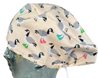 Handmade Euro Scrub Cap, Canada Geese Print, Ponytail Style Tariff Free