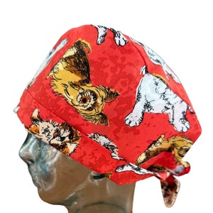 Dog Sketches on Red Scrub Hat, Dogs Scrub Hat, Scrub Caps for Women, Pixie Scrub Cap