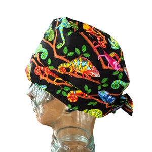 Colourful Lizards on Black, Lizards Scrub Hat, Pixie Scrub Cap