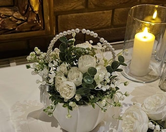 Satin Flower Girl Basket: Artificial Floral Arrangement, Pearl Handle