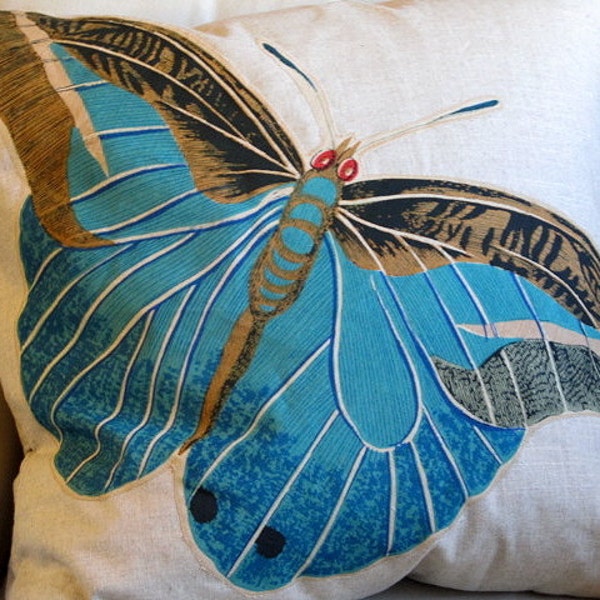 BLUE Butterfly on linen Super Large  Pillow Cover 26x26