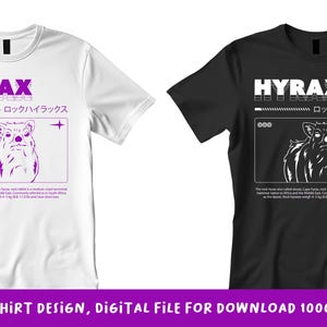 Könnte beinhalten: Zwei T-Shirt-Designs mit einer weißen Umrandung eines Klippschliefer mit dem Text "HYRAX" und "ロックハイラックス" in Lila. Die Designs sind auf einem weißen und schwarzen T-Shirt.