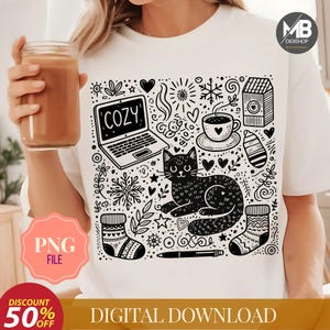 Doodle Cat PNG: Cozy Coffee Lover Shirt Design (Digital Download)