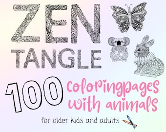 100 zentangle coloringpages with animals / zentangle / drawing / coloring pages bundle / zen doodle workbook / pattern / mindful art therapy