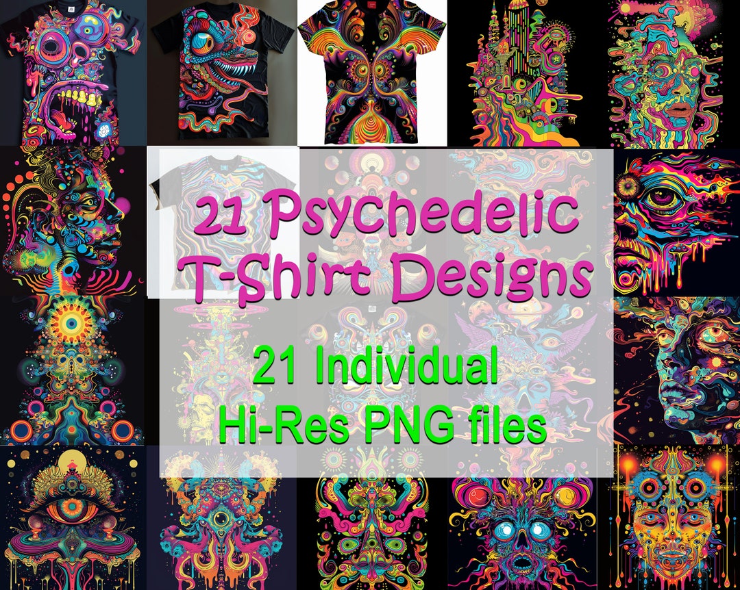 21 Hi-res Psychedelic T-shirt Designs, T Shirt Design Bundle, Colorful ...