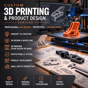 May include: An advertisement for 3D printing and product design services. The image shows a 3D printer, printed objects in orange and black, and design sketches. Text includes "Custom 3D Printing & Product Design Service."