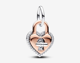 Charm colgante doble con candado de corazón giratorio bicolor de Pandora