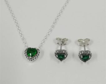 pandora green sparkling heart halo Ear studs pendant collier necklace-45cm set
