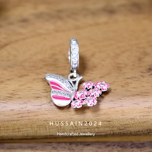 925 Silver Pink Butterfly Bead Pendant Bracelet Necklace Pandora Style