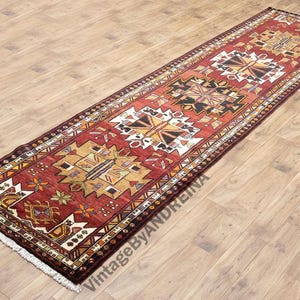 4x14 Vintage Hand Knotted Runner Rug Wool Hallway Rug Tribal Geometric Carpet