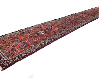 2&#39;5x17 Red and Cream Hand-Knotted Hallway Runner, 2&#39;6 x 16&#39;11 Turkish Wool Rug, Vintage Tribal Floral Runner