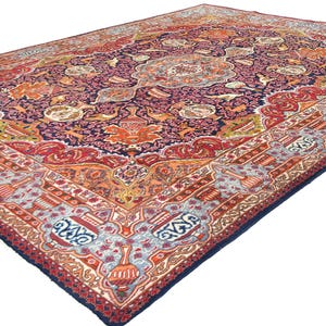 9x12 Purple-Navy Vintage Pictorial Rug, 9&#39;5 x 12&#39;4 Turkish Wool Rug, Hand-Knotted Traditional Carpet for Living Room