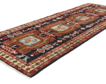 4x10 Plum Hand-Knotted Vintage Runner, 3&#39;11 x 10&#39;5 Turkish Wool Rug, Tribal Geometric Hallway Rug