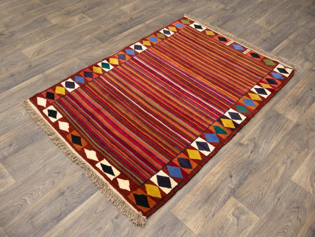 Hand-knotted Turkish Gabba Rug: Vintage Striped Wool Entryway Rug (3'8 ...