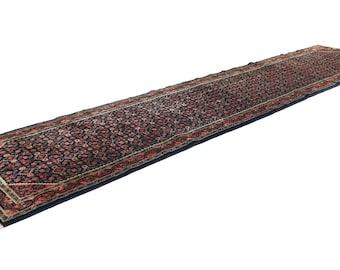 3x12 Navy Vintage Hand-Knotted Runner, 2&#39;10 x 12&#39;1 Turkish Wool Rug, Tribal Allover Hallway Rug